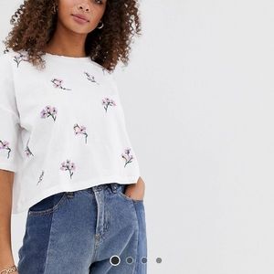 ASOS DESIGN White Cropped T-Shirt Top with Floral Embroidery